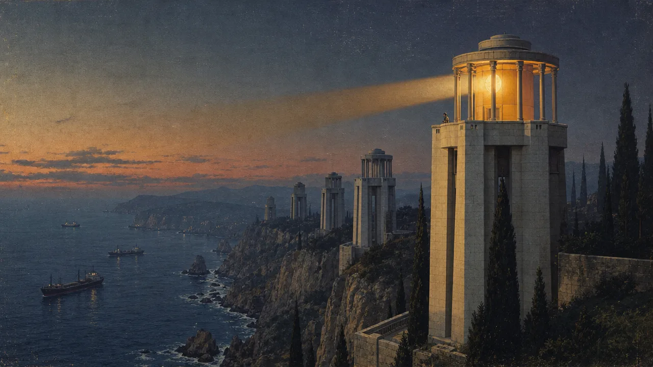 Faro monumental sobre un acantilado al anochecer: su haz barre el mar donde navegan varios buques, con una cadena de torres de vigilancia encendidas detrás.